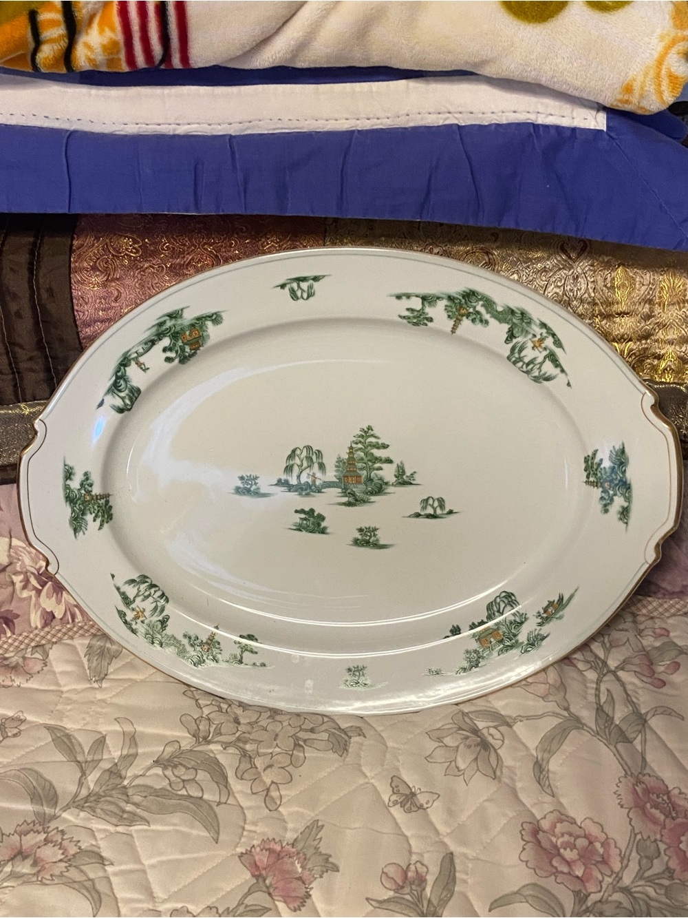 NARUMI CHINA Oval GREEN WILLOW Japanese Gold Trim Serving Platter